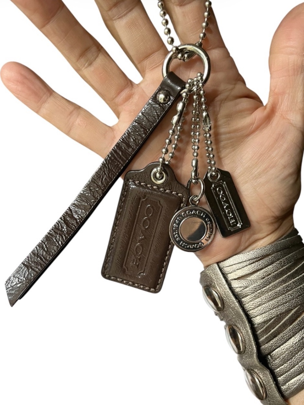 COACH Brown Patent Leather Hangtag Charm Set with Silver-tone Metal Tags